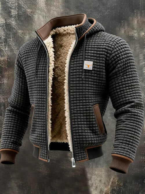 Chaqueta outdoor de hombre con estructura retro y estampado de cuadros cuadrados, cuello doble, cálida y con múltiples bolsillos