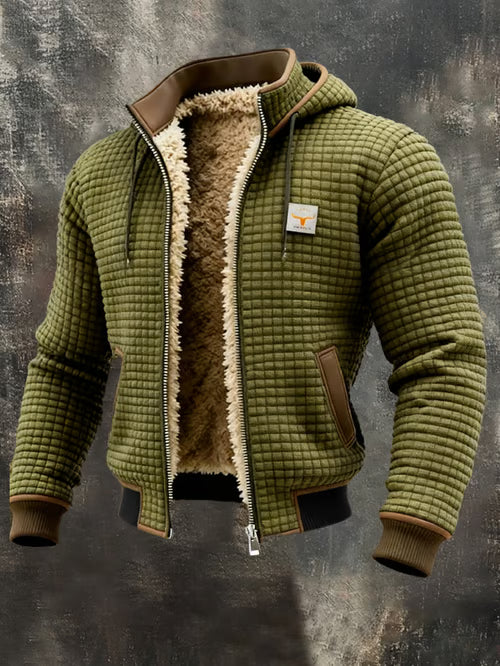 Chaqueta outdoor de hombre con estructura retro y estampado de cuadros cuadrados, cuello doble, cálida y con múltiples bolsillos